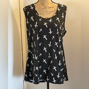 Black Sleeveless Crop Top with White Cross Print